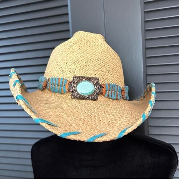 Bullhide Woven Straw Cowboy Hat With Turquoise Details, Size Small main image 15